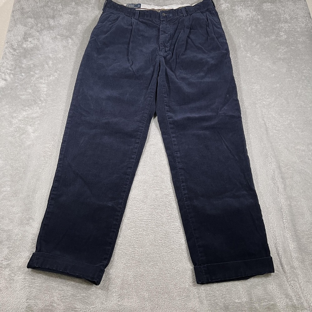 Polo Ralph Lauren Corduroy Pants Mens 36x32 Navy Blue‎ Hammond Pleated Cuffed